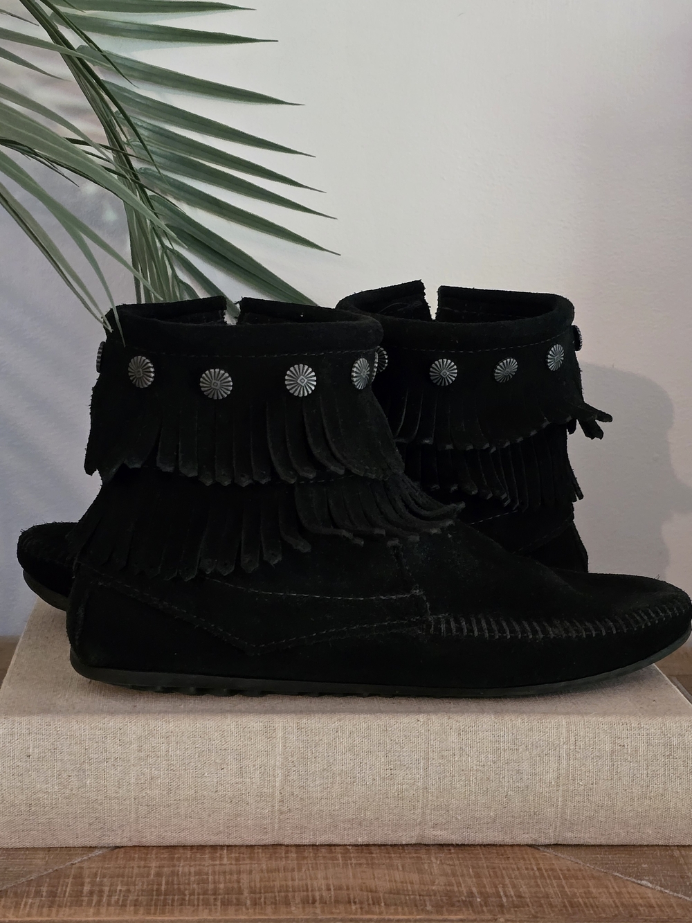 Minnetonka Black Suede Fringe Moccasin Boots with Concho Trim